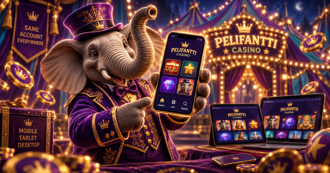 Pelifantti Casino på mobil – elefantmaskot med smartphone, tablet og laptop i cirkusstil