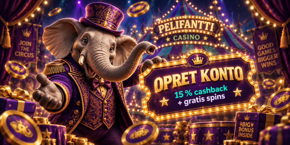 Pelifantti Casino registrering – elefantmaskot, velkomstbonus med 15 % cashback og gratis spins
